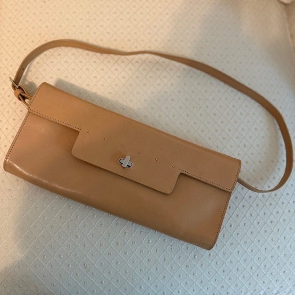 Monsac Tan Leather Minimalist Shoulder Bag. Preowned. 10 1/2” long X 5” high.